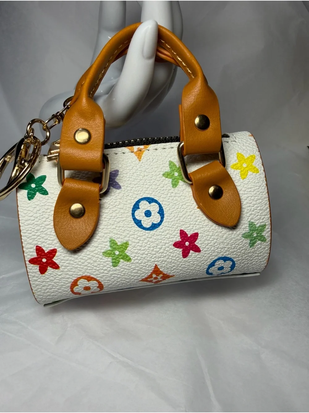 Multicolor Mini Bag Keychain & Bag Charm White with Tan Handles
